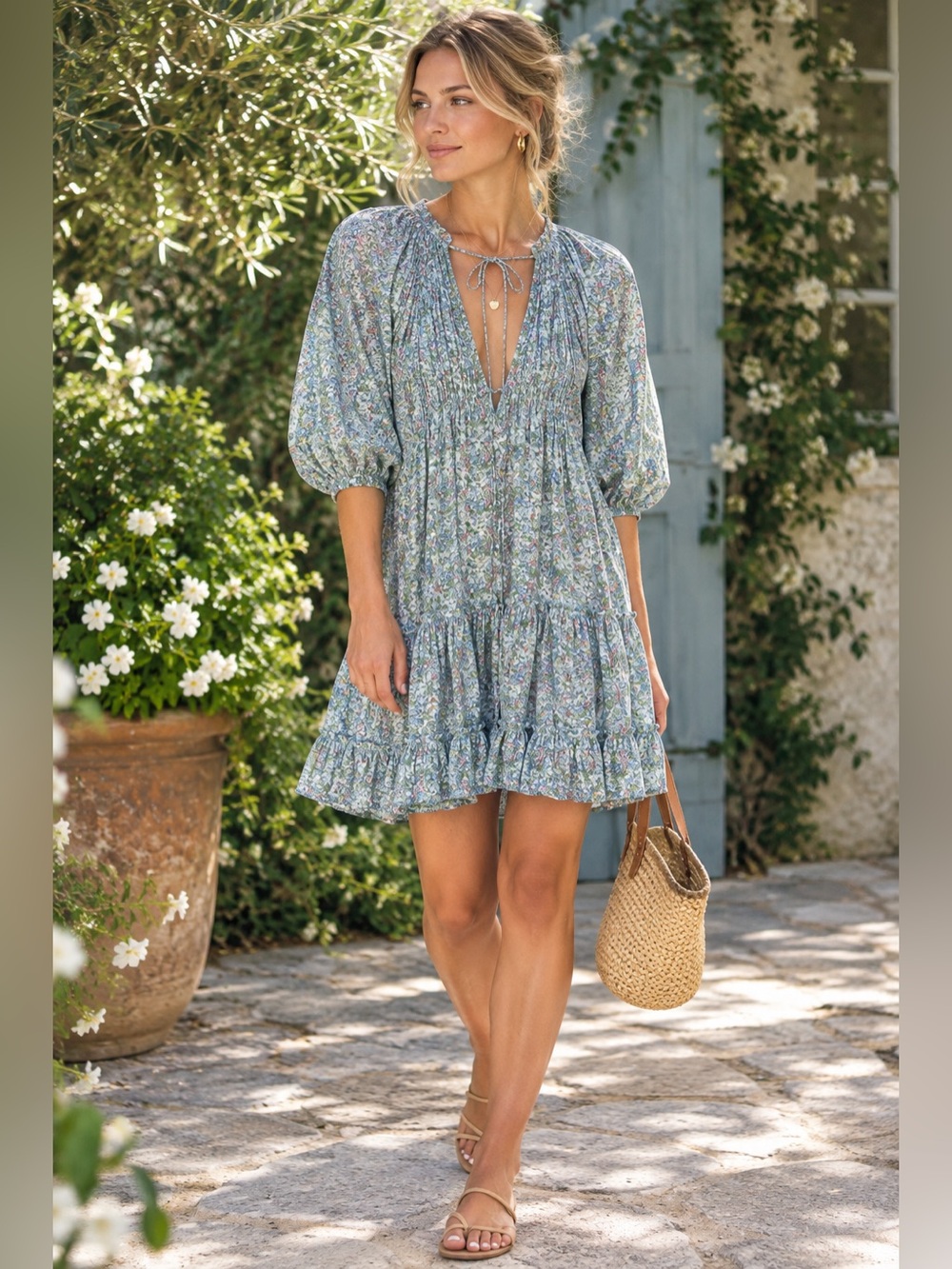 Millibon Blue Floral Tiered V‑Neck Mini Dress Small